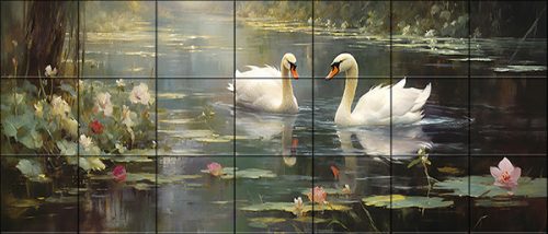 two swans swimming on a lily-covered pond – romantic nature ceramic tile mural